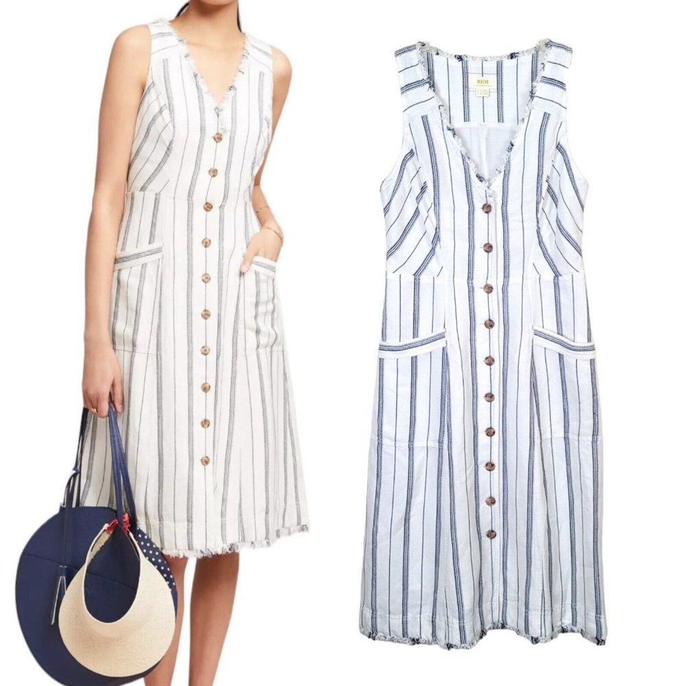 Anthropologie Maeve Raw hem Textured Stripe Midi Dress Size  US 4 bottom down